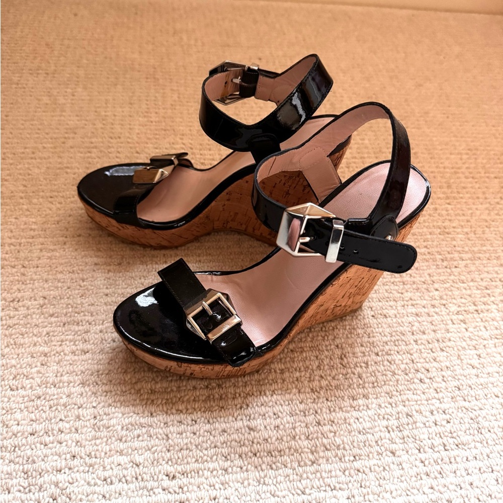 Stuart Weitzman Cork Patent Leather Platform Wedges